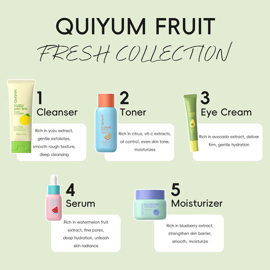 QUIYUM Fruit Skincare Set for Teen Girl, 5 Daily Routine Beauty Skin Care | Exfoliating, Smooth, Clean, Oil Control, Firm, Hydrating, Glow Up, Facial Skin Care Gift Set for Girls, for All Skin Types