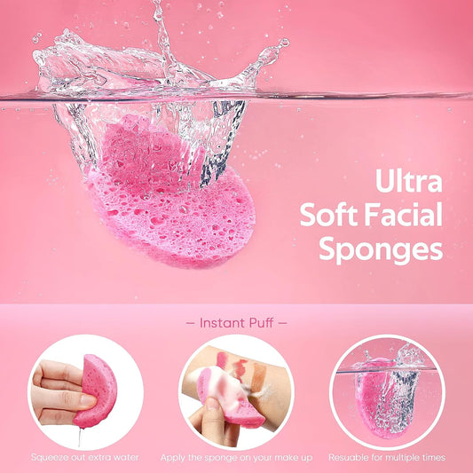 GAINWELL 50-Count Compressed Facial Sponge for Daily Facial Cleansing and Exfoliating, 100% Natural Cosmetic Spa Sponges for Makeup Remover, Reusable, Pink