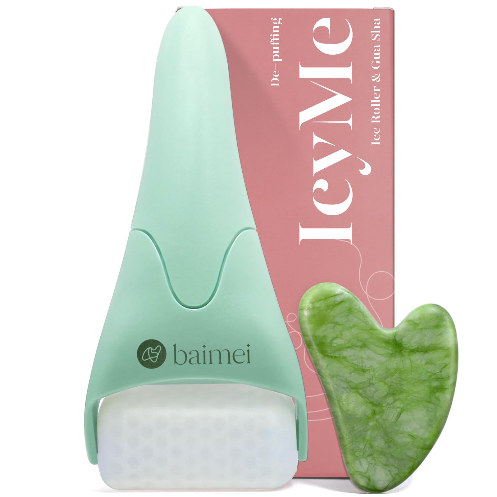 BAIMEI IcyMe Ice Roller for Face and Gua Sha Facial Tool Set, Ice Face Roller Reduces Puffiness Relieves Migraines Skin Care Tools, Self Care for Women - Pink