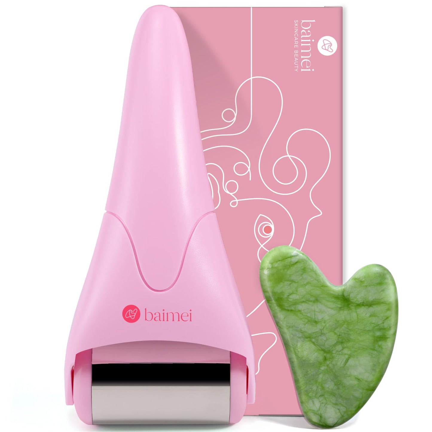 BAIMEI IcyMe Ice Roller for Face and Gua Sha Facial Tool Set, Ice Face Roller Reduces Puffiness Relieves Migraines Skin Care Tools, Self Care for Women - Pink