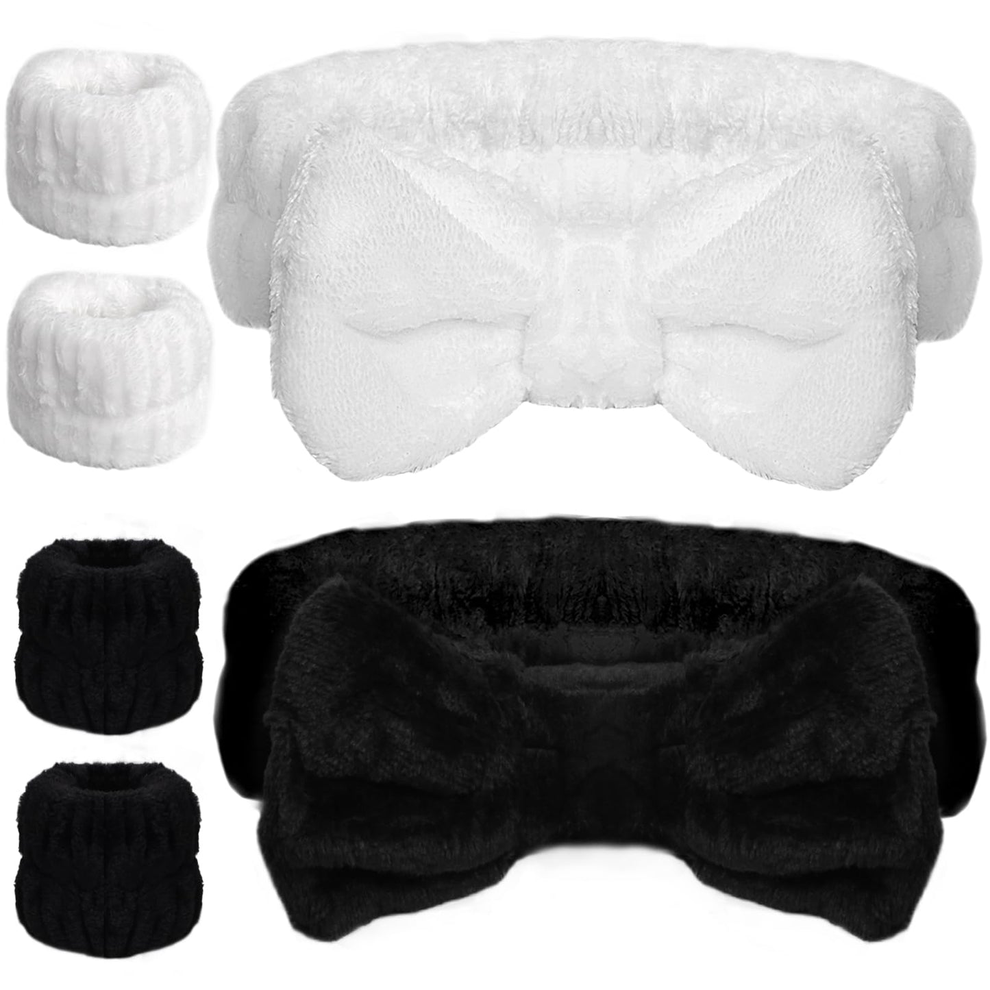 WSYUB Makeup Headbands, 1pcs Black Spa Headband Fluffy Bow Tie Headband Microfiber Face, and 2Pcs Wrist Spa Wash Band Absorbent Wristbands, for Washing Face Skin Care