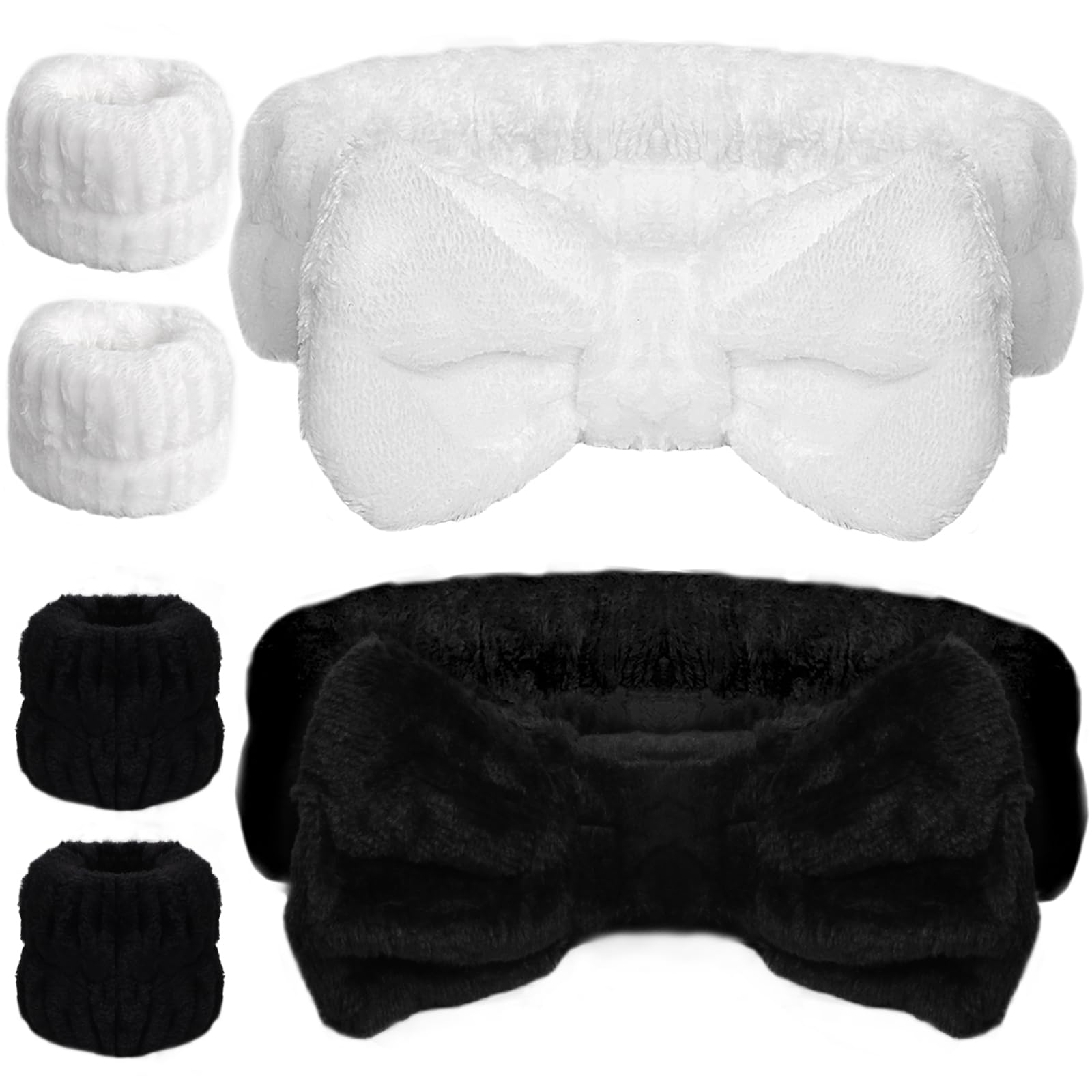 WSYUB Makeup Headbands, 1pcs Black Spa Headband Fluffy Bow Tie Headband Microfiber Face, and 2Pcs Wrist Spa Wash Band Absorbent Wristbands, for Washing Face Skin Care
