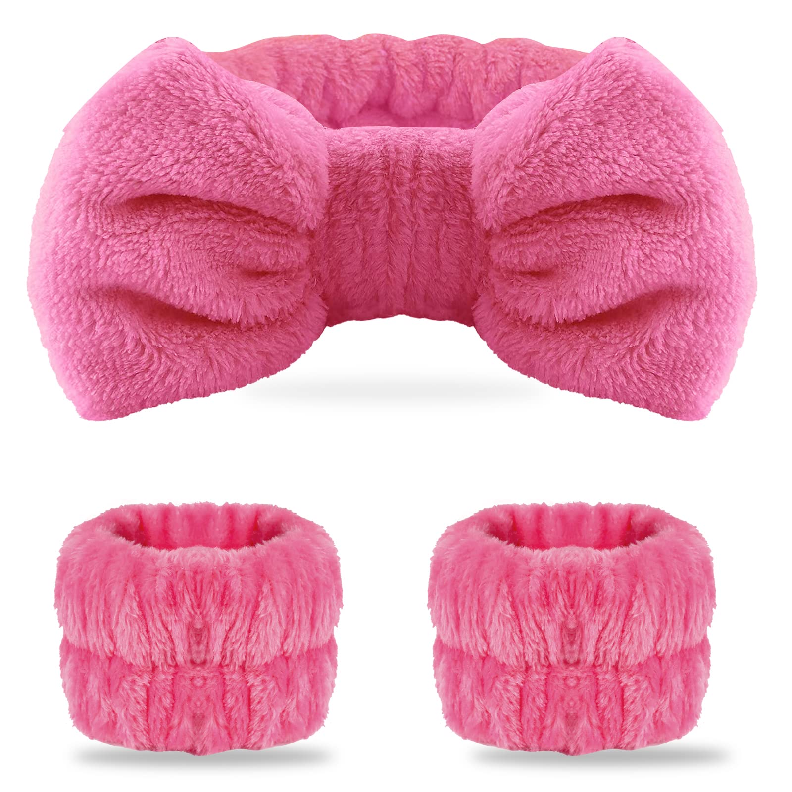 WSYUB Makeup Headbands, 1pcs Black Spa Headband Fluffy Bow Tie Headband Microfiber Face, and 2Pcs Wrist Spa Wash Band Absorbent Wristbands, for Washing Face Skin Care