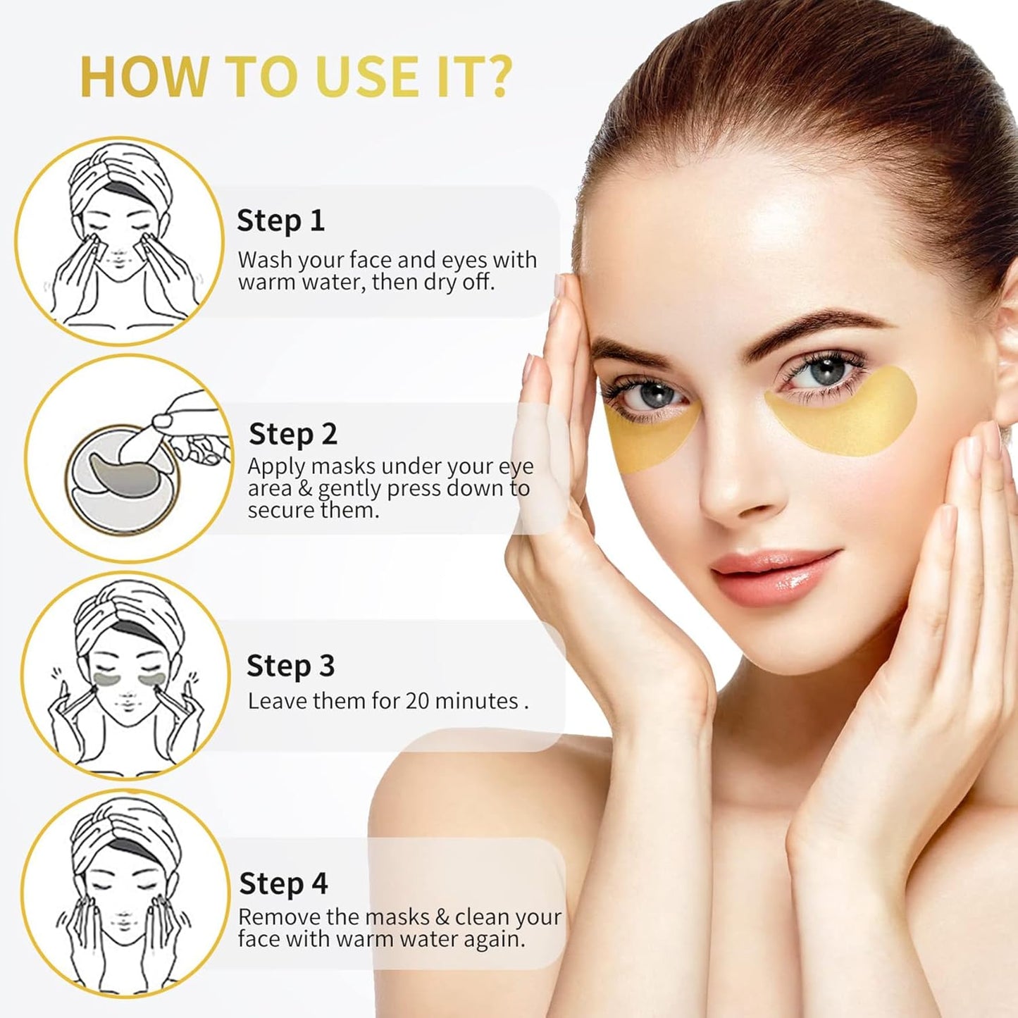 NAZANO 24K Gold Under Eye Patches - 60 Pack Eye Masks | for Puffy Eyes Dark Circles, Bags & Wrinkles with Collagen & Hyaluronic Acid - Eye Care Pads for Daily Skincare (Gold)