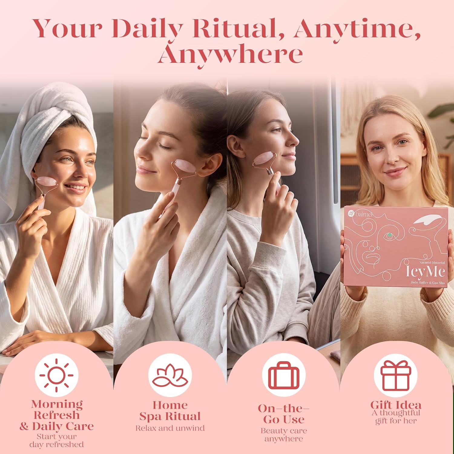BAIMEI IcyMe Rose Quartz Roller & Gua Sha Set, Cooling Face Roller for Depuffing & Lymphatic Massage, Sculpting Tool for Face, Eyes & Neck, Smooth Skincare Gift for Women and Men