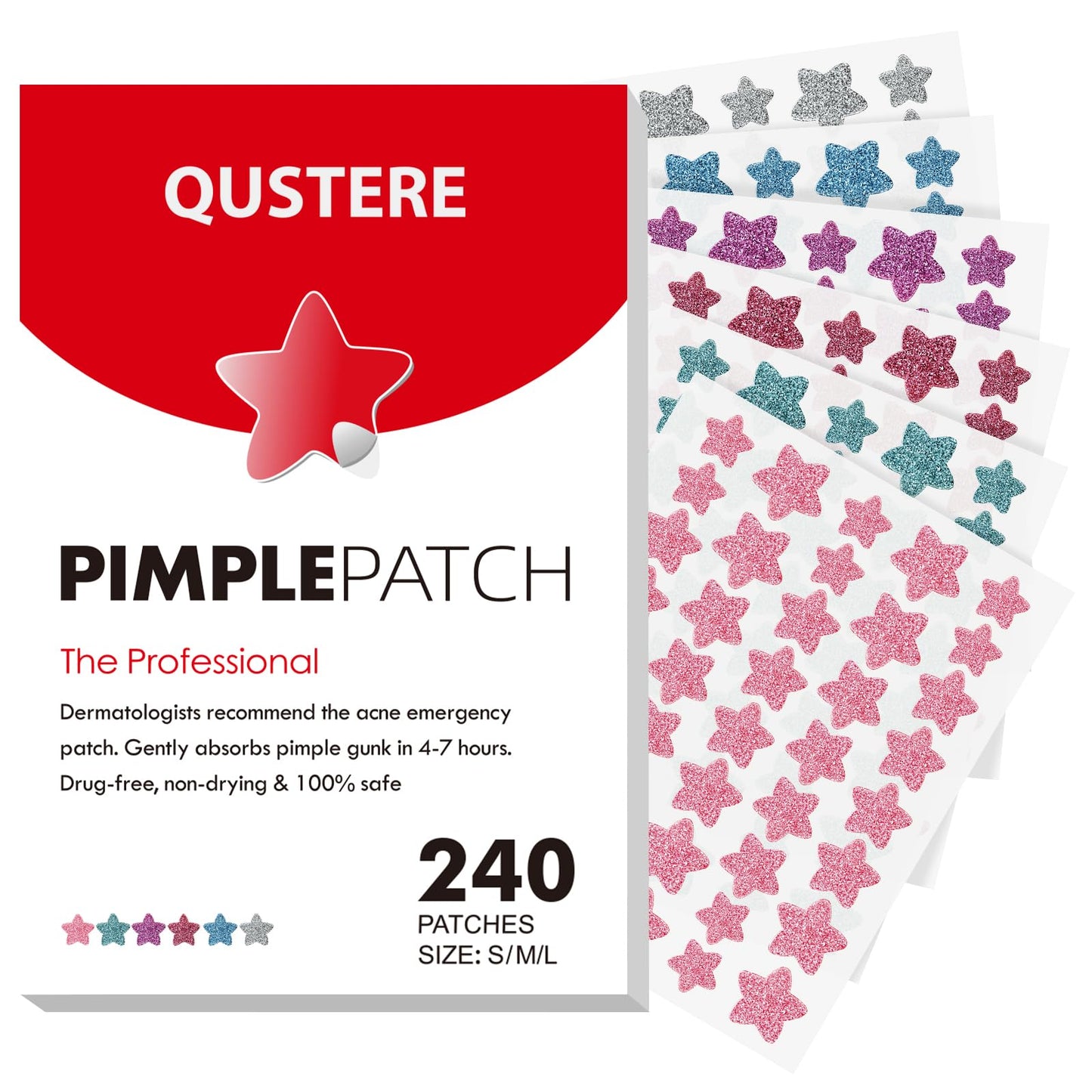QUSTERE Pimple Patches for Face, Hydrocolloid Acne Patches, Cute Star Zit Covers, Colorful Spot Stickers with Tea Tree, Salicylic Acid & Cica Oil| 3 Sizes (10mm, 12mm & 14mm) |200 Count