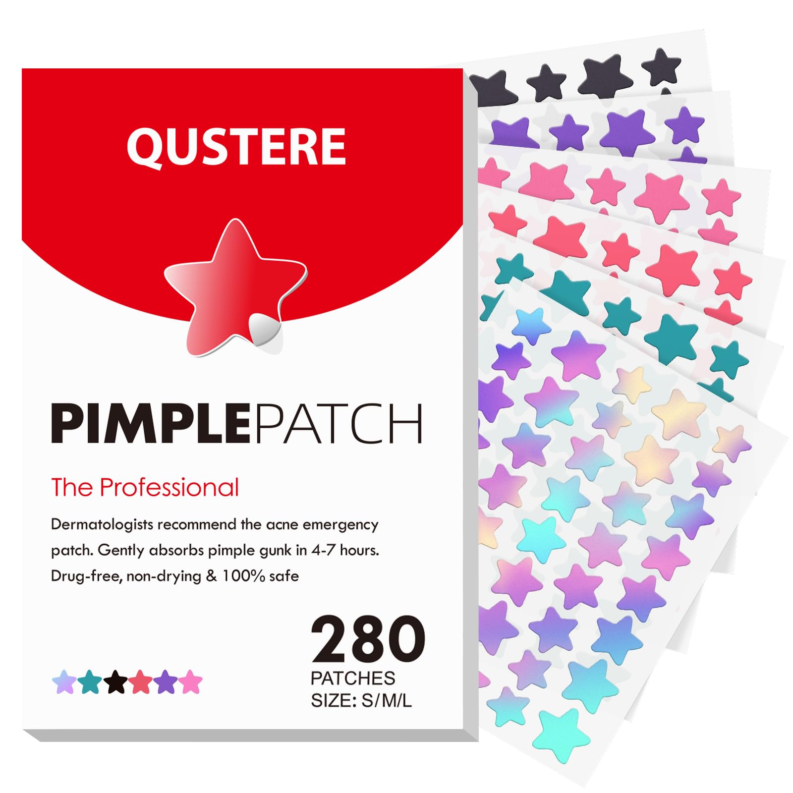 QUSTERE Pimple Patches for Face, Hydrocolloid Acne Patches, Cute Star Zit Covers, Colorful Spot Stickers with Tea Tree, Salicylic Acid & Cica Oil| 3 Sizes (10mm, 12mm & 14mm) |200 Count