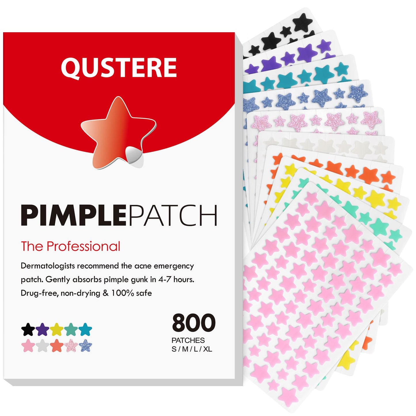 QUSTERE Pimple Patches for Face, Hydrocolloid Acne Patches, Cute Star Zit Covers, Colorful Spot Stickers with Tea Tree, Salicylic Acid & Cica Oil| 3 Sizes (10mm, 12mm & 14mm) |200 Count