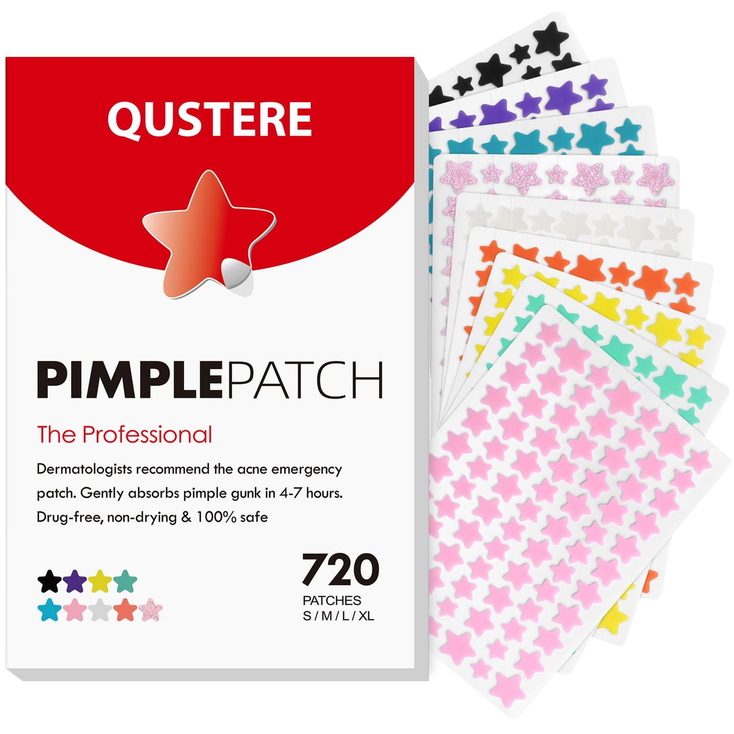 QUSTERE Pimple Patches for Face, Hydrocolloid Acne Patches, Cute Star Zit Covers, Colorful Spot Stickers with Tea Tree, Salicylic Acid & Cica Oil| 3 Sizes (10mm, 12mm & 14mm) |200 Count