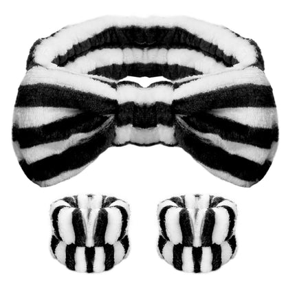 WSYUB Makeup Headbands, 1pcs Black Spa Headband Fluffy Bow Tie Headband Microfiber Face, and 2Pcs Wrist Spa Wash Band Absorbent Wristbands, for Washing Face Skin Care