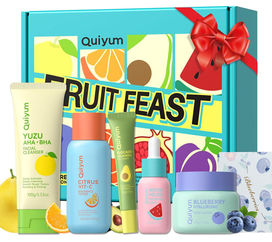 QUIYUM Fruit Skincare Set for Teen Girl, 5 Daily Routine Beauty Skin Care | Exfoliating, Smooth, Clean, Oil Control, Firm, Hydrating, Glow Up, Facial Skin Care Gift Set for Girls, for All Skin Types