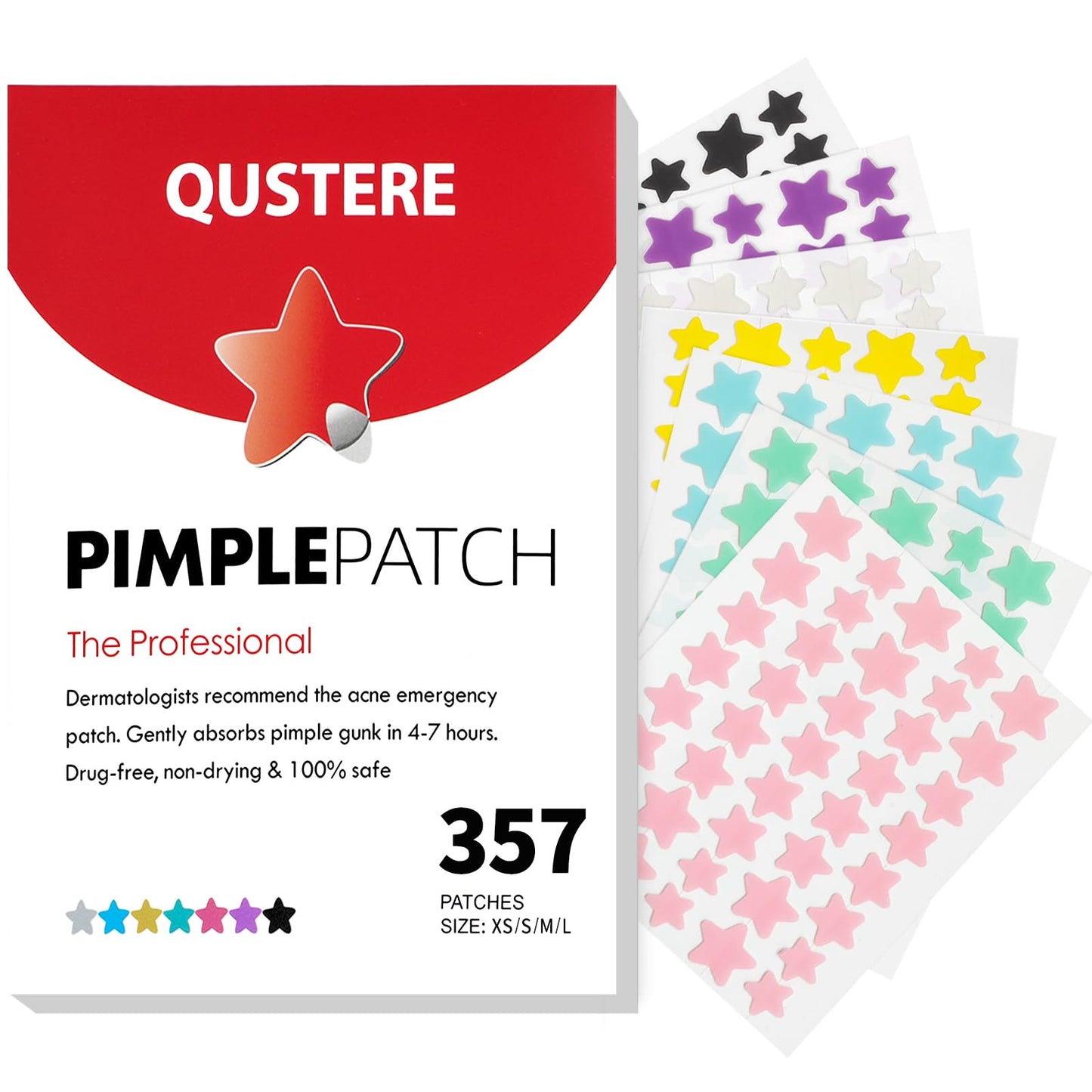 QUSTERE Pimple Patches for Face, Hydrocolloid Acne Patches, Cute Star Zit Covers, Colorful Spot Stickers with Tea Tree, Salicylic Acid & Cica Oil| 3 Sizes (10mm, 12mm & 14mm) |200 Count