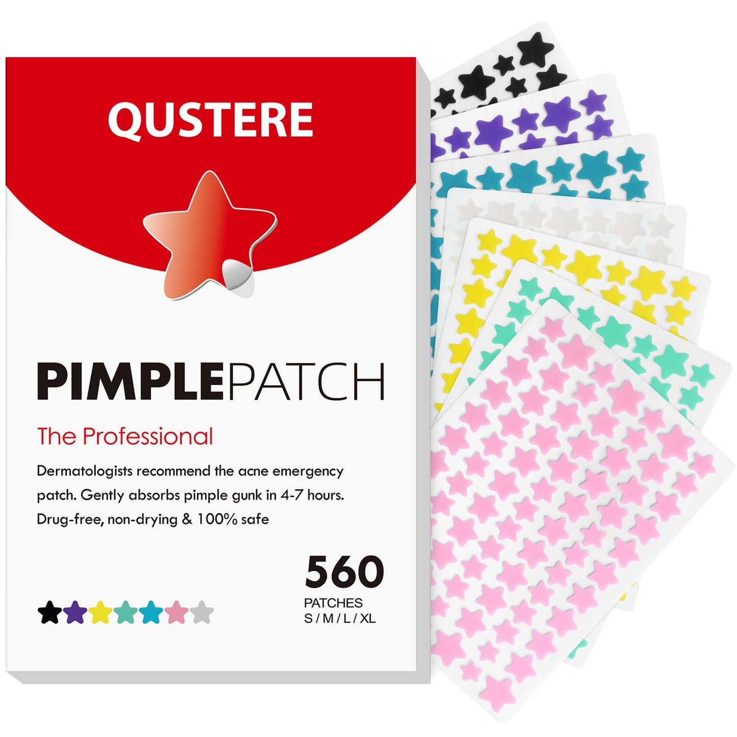 QUSTERE Pimple Patches for Face, Hydrocolloid Acne Patches, Cute Star Zit Covers, Colorful Spot Stickers with Tea Tree, Salicylic Acid & Cica Oil| 3 Sizes (10mm, 12mm & 14mm) |200 Count