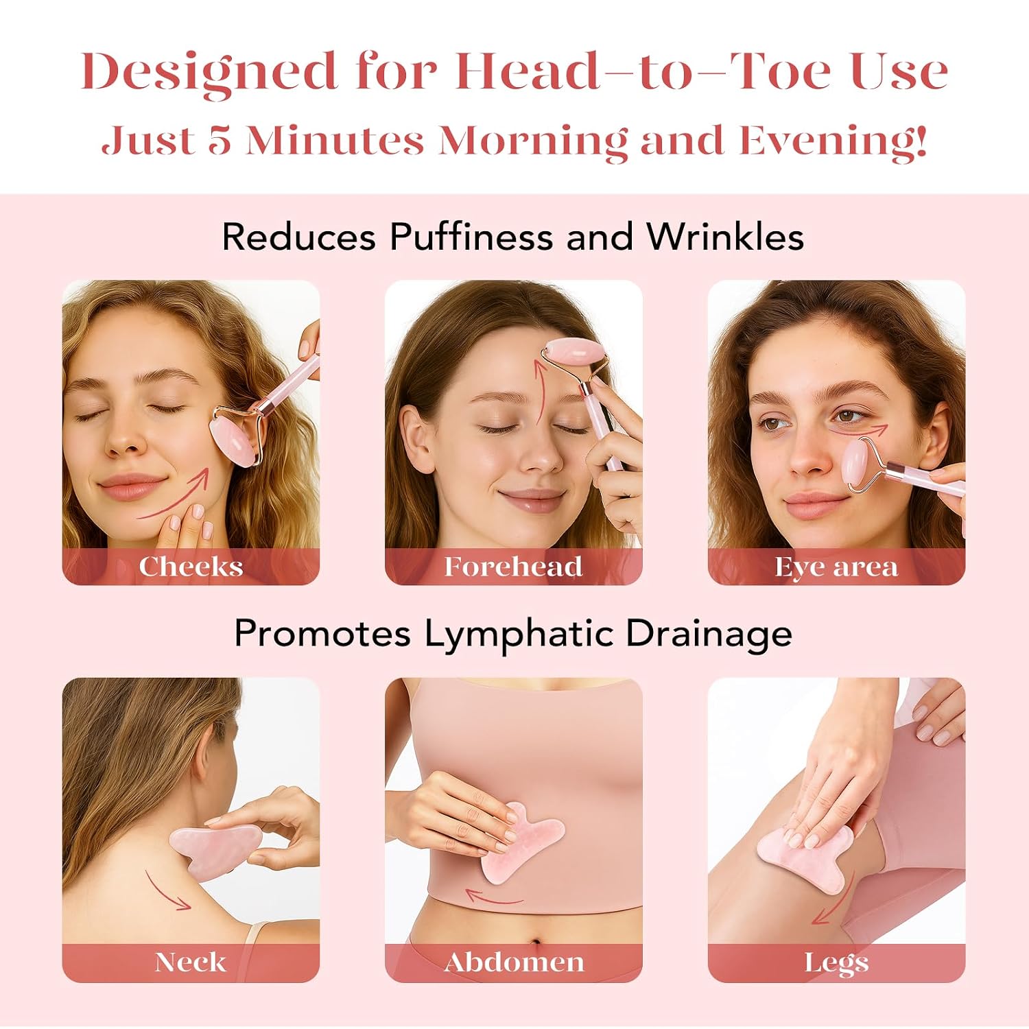 BAIMEI IcyMe Rose Quartz Roller & Gua Sha Set, Cooling Face Roller for Depuffing & Lymphatic Massage, Sculpting Tool for Face, Eyes & Neck, Smooth Skincare Gift for Women and Men