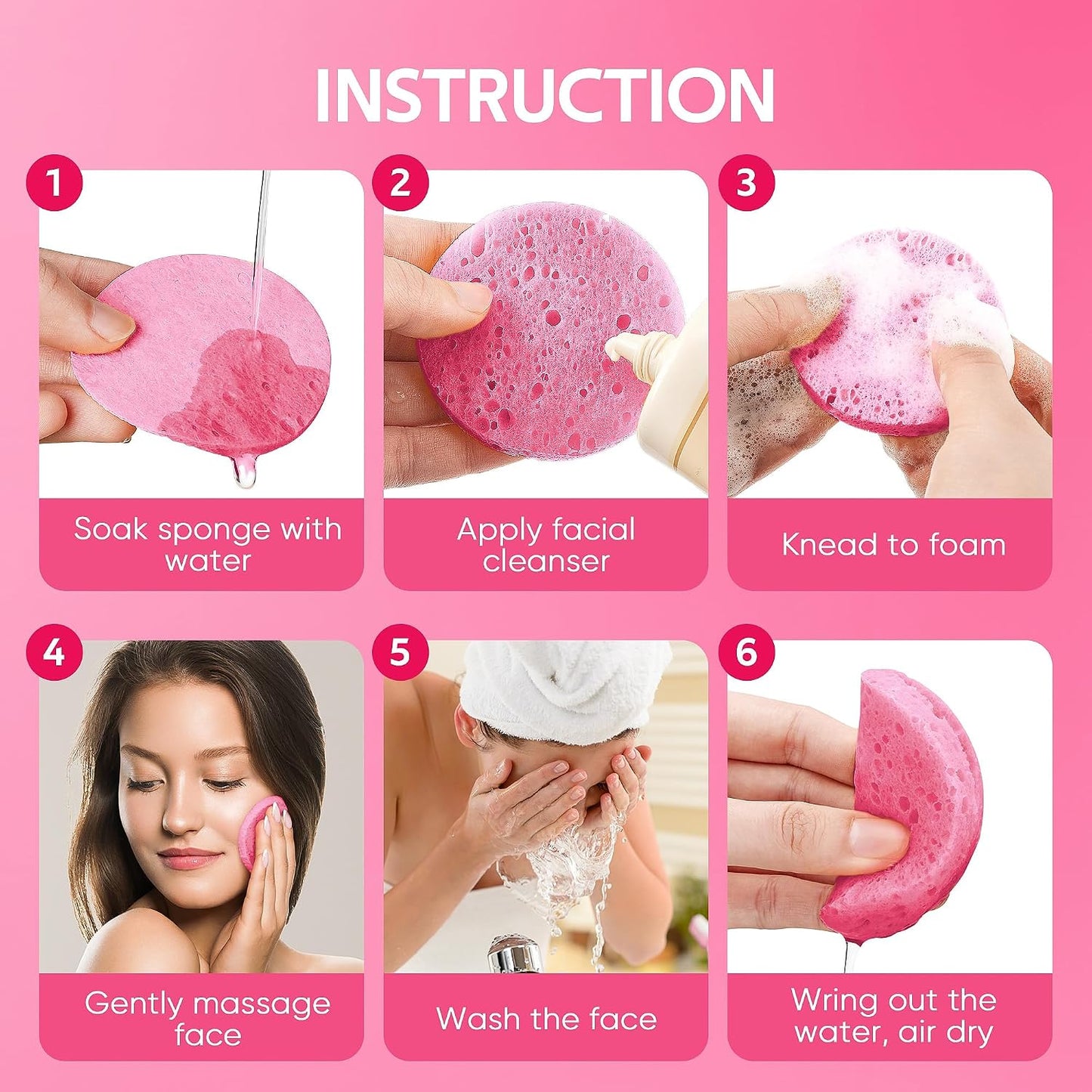 GAINWELL 50-Count Compressed Facial Sponge for Daily Facial Cleansing and Exfoliating, 100％ Natural Cosmetic Spa Sponges for Makeup Remover, Reusable, Pink