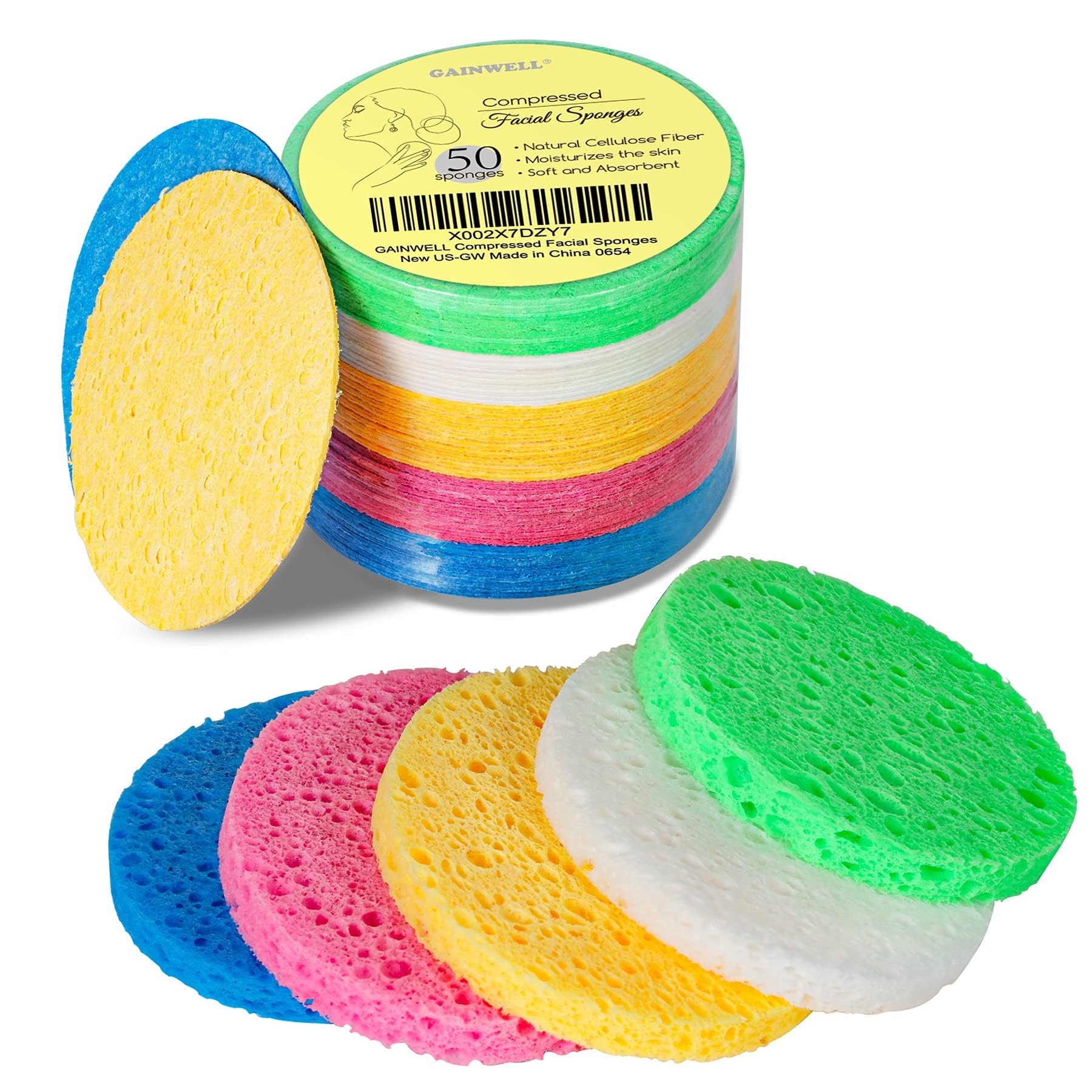GAINWELL 50-Count Compressed Facial Sponge for Daily Facial Cleansing and Exfoliating, 100％ Natural Cosmetic Spa Sponges for Makeup Remover, Reusable, Pink