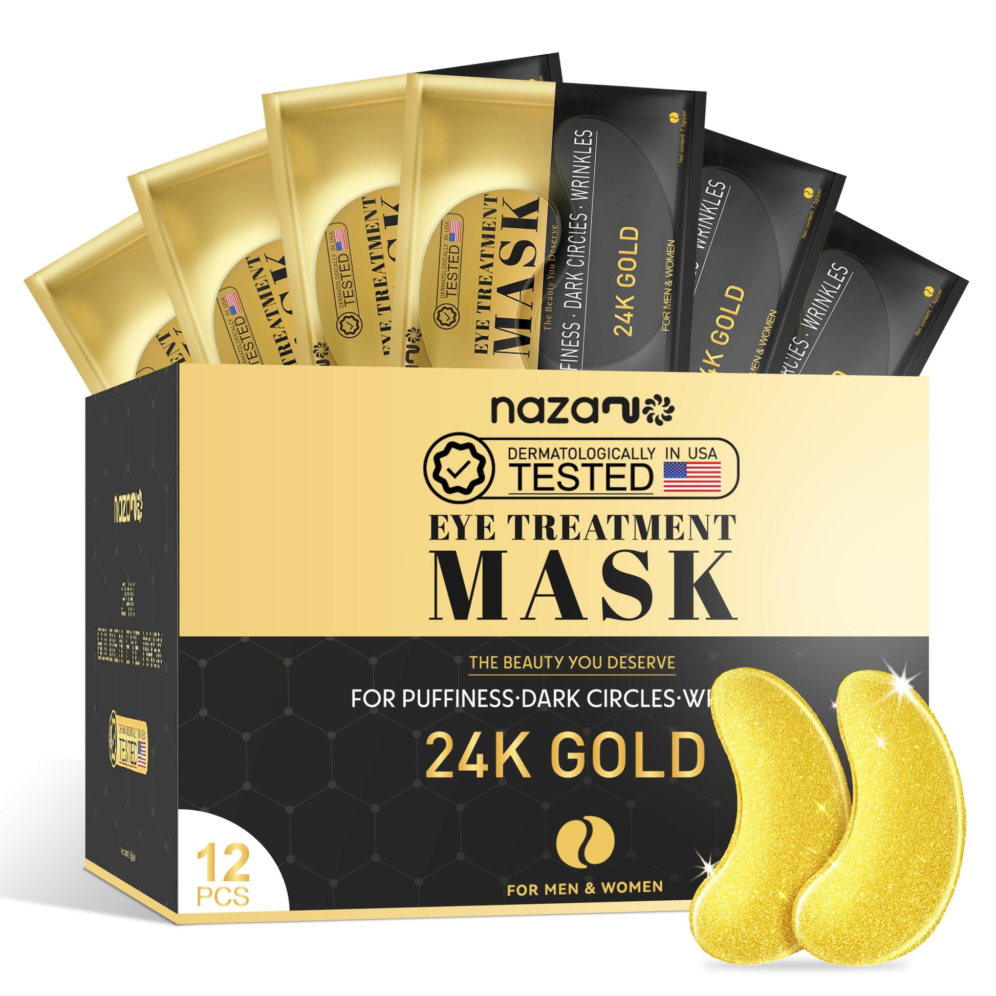 NAZANO 24K Gold Under Eye Patches - 60 Pack Eye Masks | for Puffy Eyes Dark Circles, Bags & Wrinkles with Collagen & Hyaluronic Acid - Eye Care Pads for Daily Skincare (Gold)