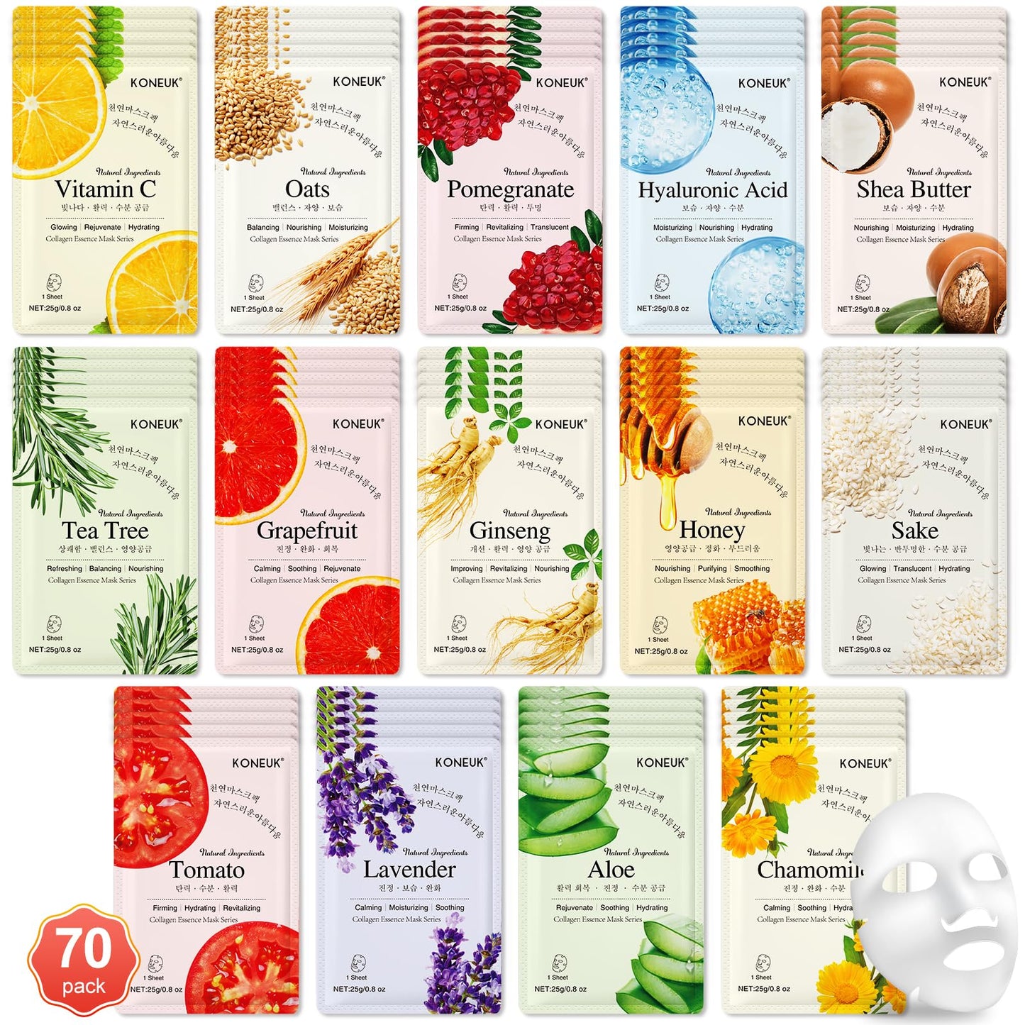 KONEUK 14 Pack Sheet Face Masks Skincare, Hydrating Face Masks Suitable for Dry Skin, Bulk Facial Mask Set for Women Skin Care, Face Mask Gifts Set for Face Spa