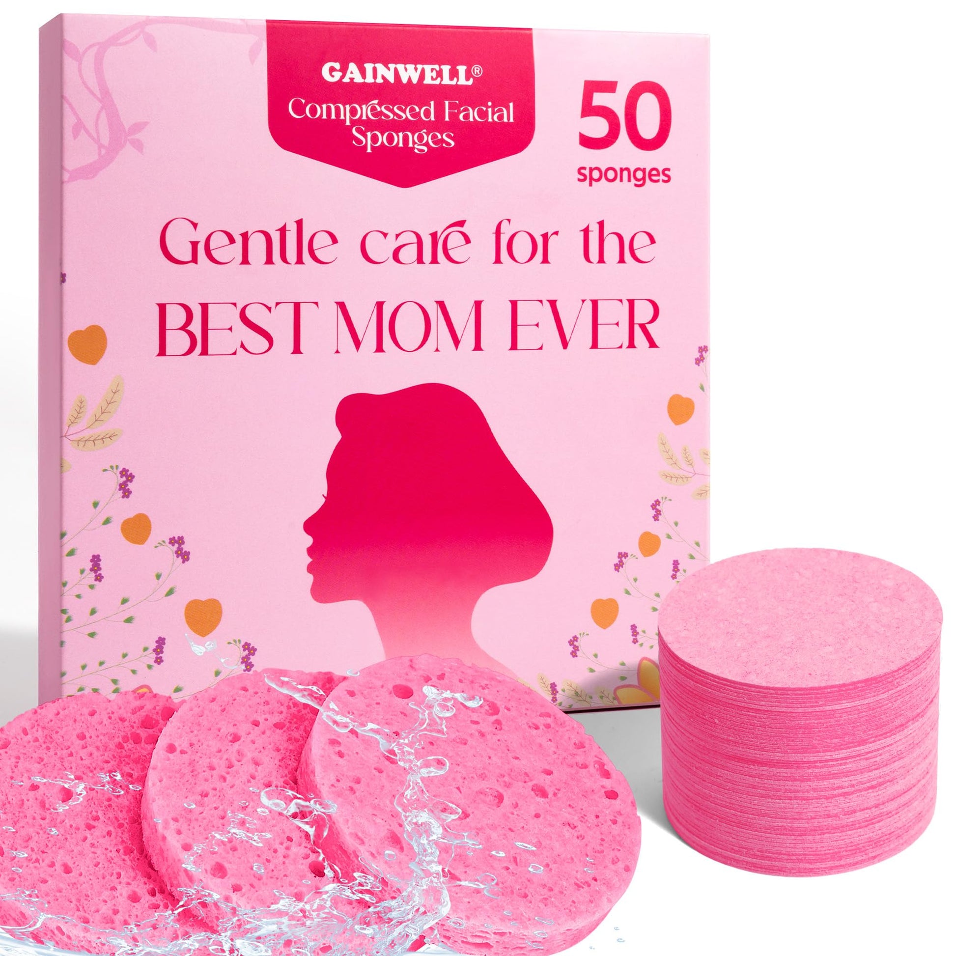 GAINWELL 50-Count Compressed Facial Sponge for Daily Facial Cleansing and Exfoliating, 100％ Natural Cosmetic Spa Sponges for Makeup Remover, Reusable, Pink