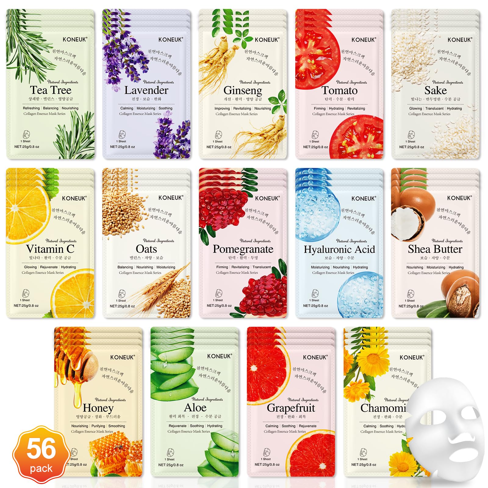 KONEUK 14 Pack Sheet Face Masks Skincare, Hydrating Face Masks Suitable for Dry Skin, Bulk Facial Mask Set for Women Skin Care, Face Mask Gifts Set for Face Spa