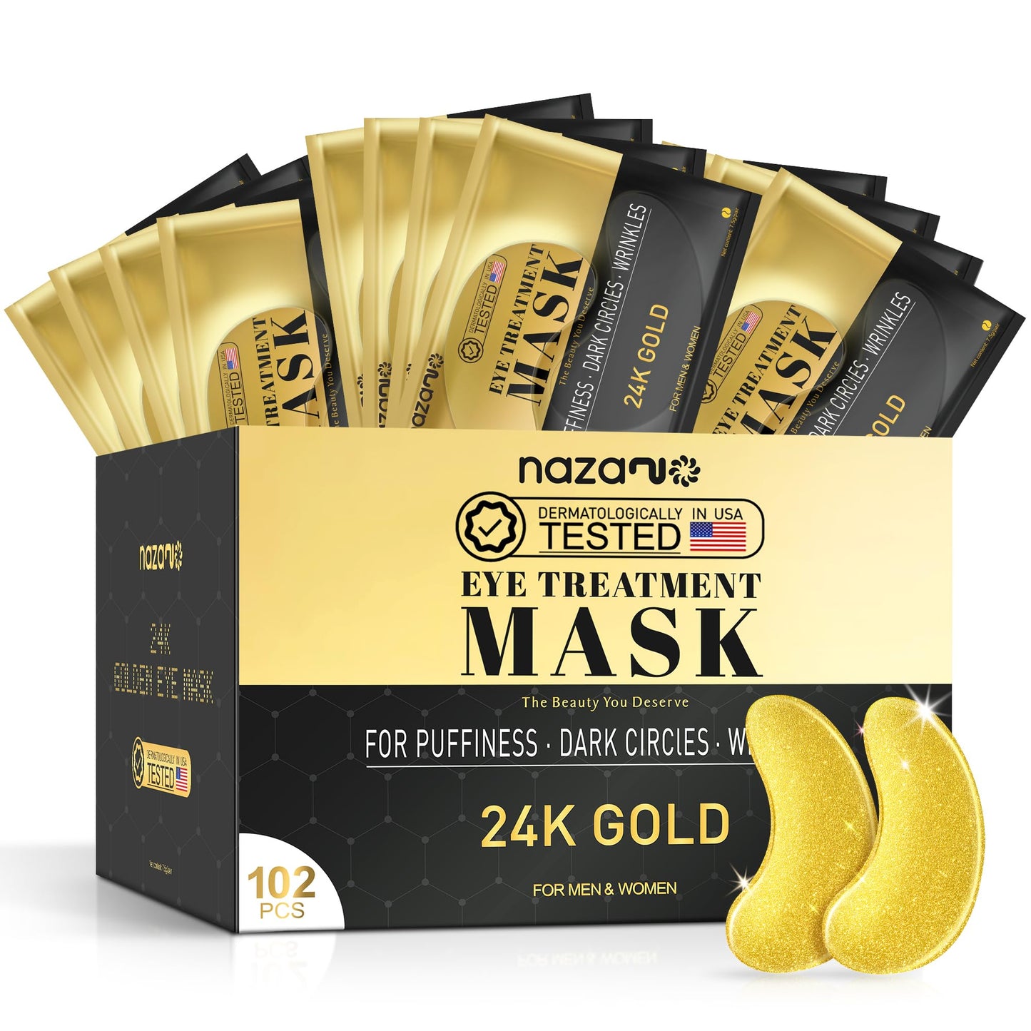 NAZANO 24K Gold Under Eye Patches - 60 Pack Eye Masks | for Puffy Eyes Dark Circles, Bags & Wrinkles with Collagen & Hyaluronic Acid - Eye Care Pads for Daily Skincare (Gold)