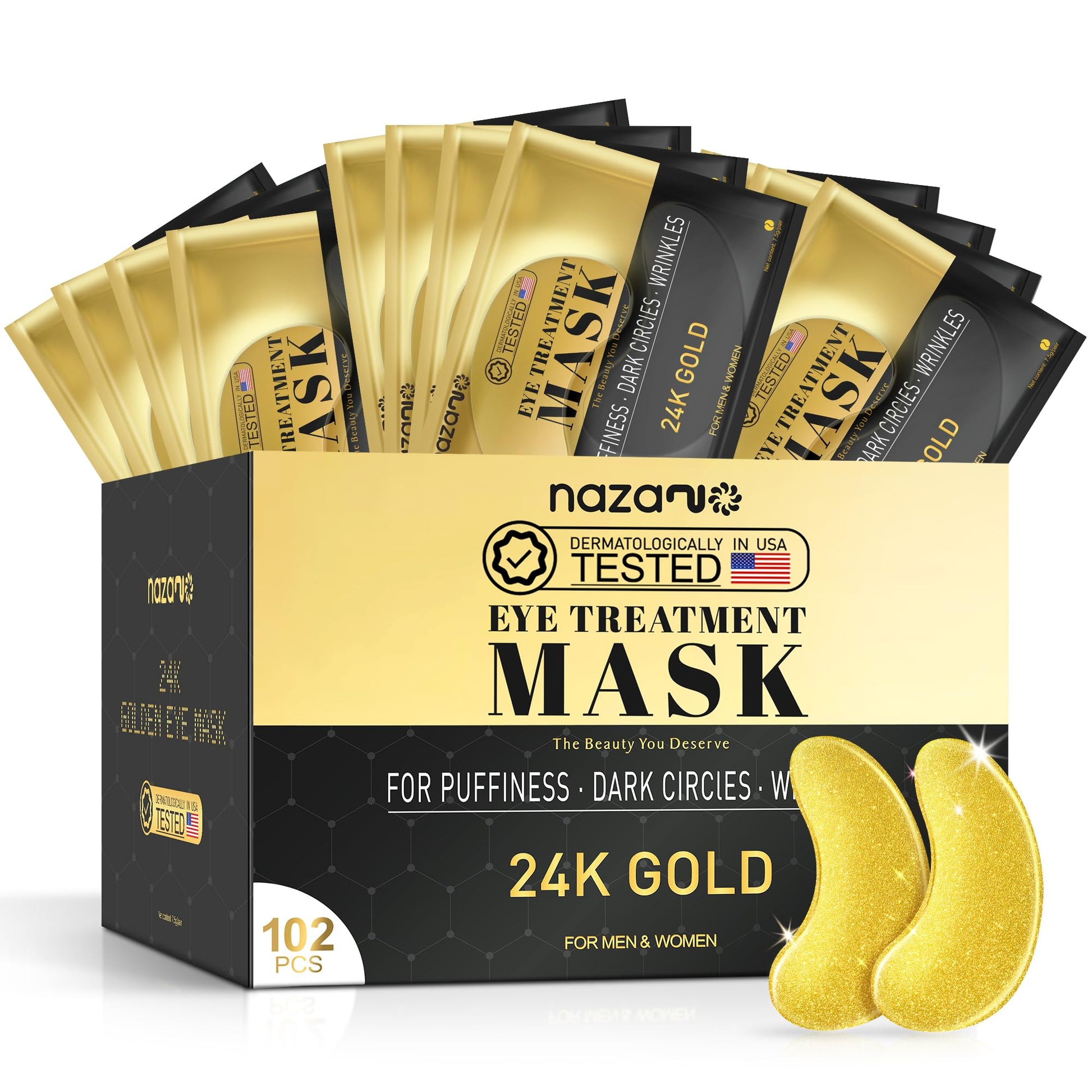 NAZANO 24K Gold Under Eye Patches - 60 Pack Eye Masks | for Puffy Eyes Dark Circles, Bags & Wrinkles with Collagen & Hyaluronic Acid - Eye Care Pads for Daily Skincare (Gold)