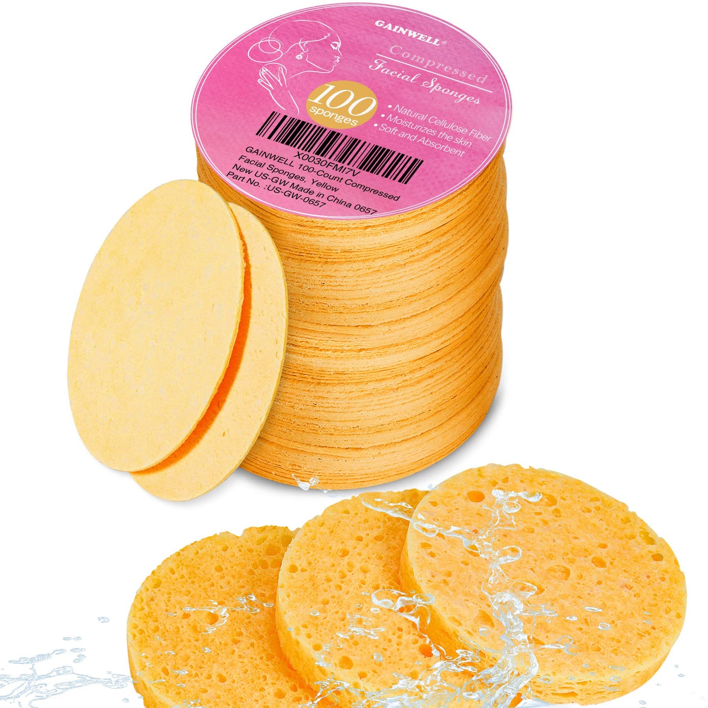 GAINWELL 50-Count Compressed Facial Sponge for Daily Facial Cleansing and Exfoliating, 100％ Natural Cosmetic Spa Sponges for Makeup Remover, Reusable, Pink