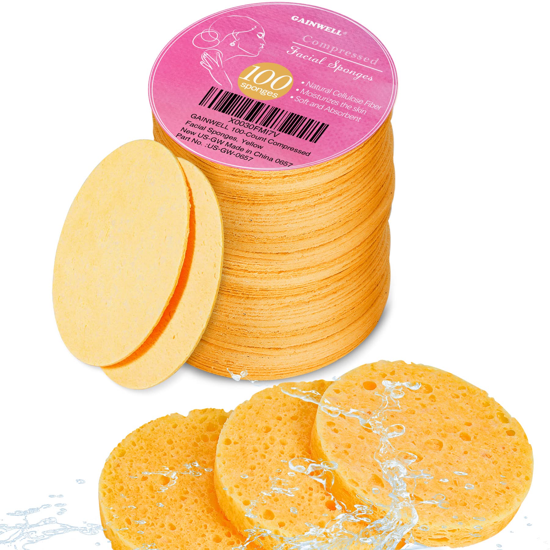 GAINWELL 50-Count Compressed Facial Sponge for Daily Facial Cleansing and Exfoliating, 100％ Natural Cosmetic Spa Sponges for Makeup Remover, Reusable, Pink