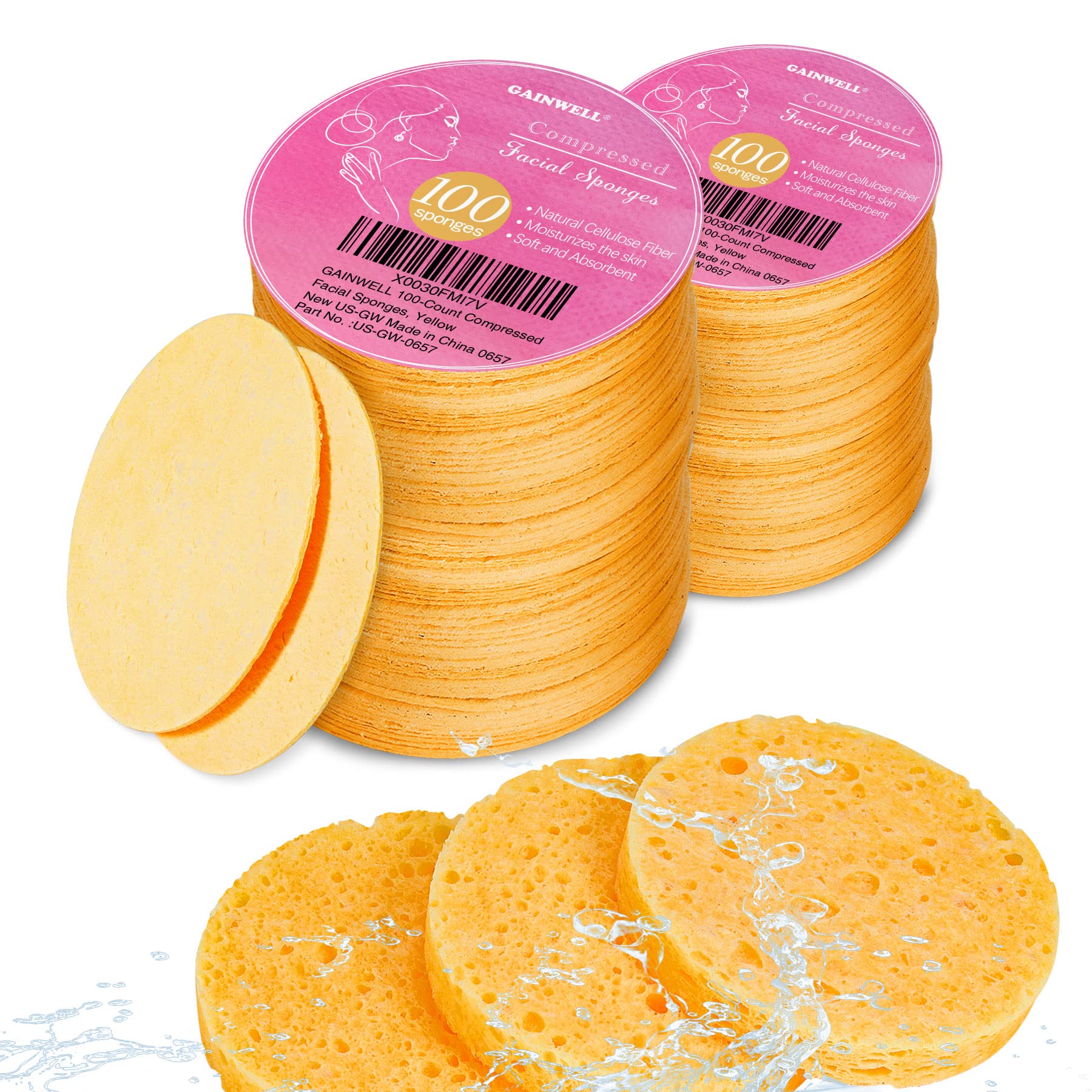 GAINWELL 50-Count Compressed Facial Sponge for Daily Facial Cleansing and Exfoliating, 100％ Natural Cosmetic Spa Sponges for Makeup Remover, Reusable, Pink
