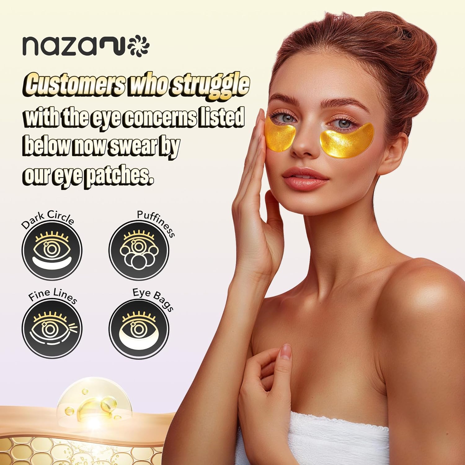 NAZANO 24K Gold Under Eye Patches - 60 Pack Eye Masks | for Puffy Eyes Dark Circles, Bags & Wrinkles with Collagen & Hyaluronic Acid - Eye Care Pads for Daily Skincare (Gold)