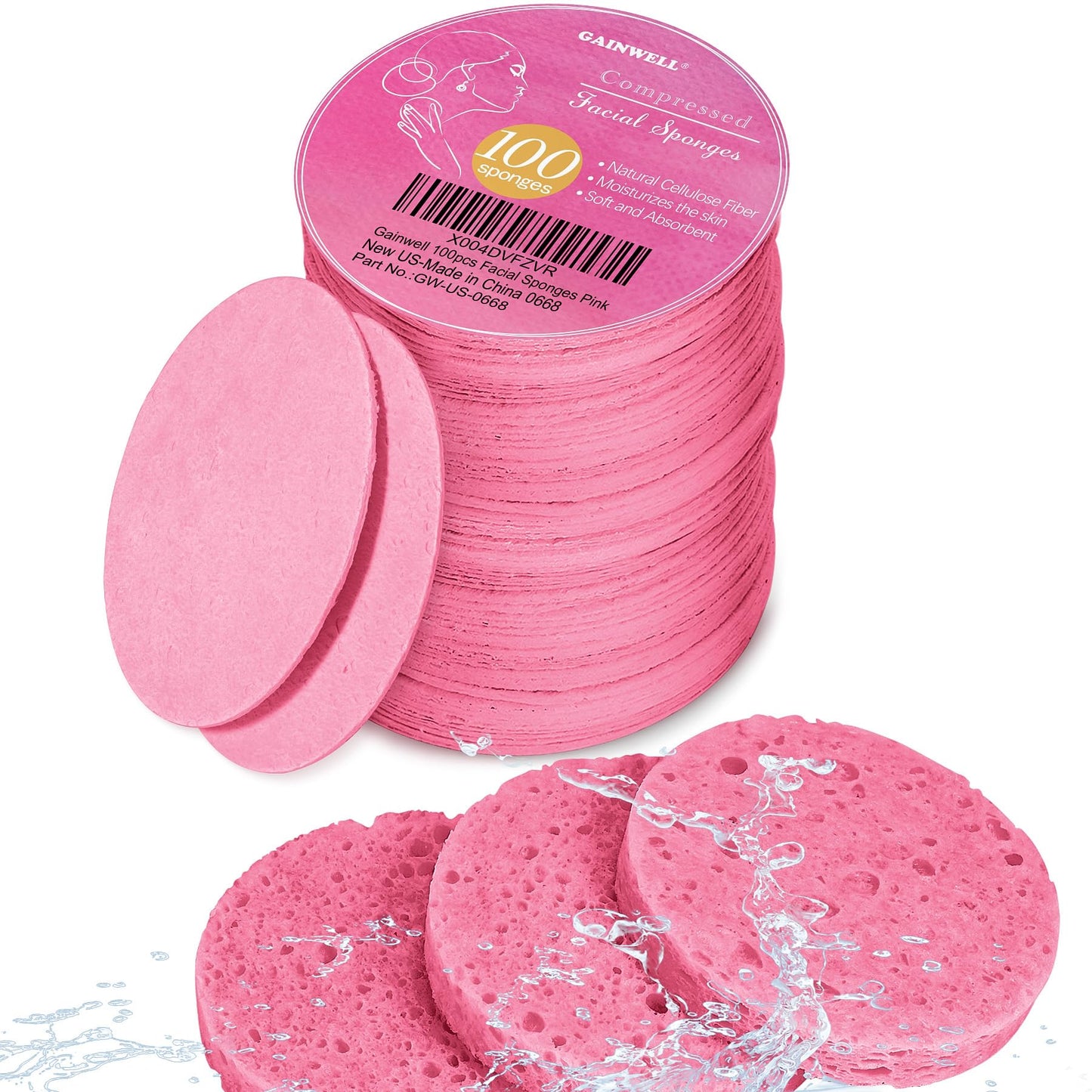 GAINWELL 50-Count Compressed Facial Sponge for Daily Facial Cleansing and Exfoliating, 100％ Natural Cosmetic Spa Sponges for Makeup Remover, Reusable, Pink