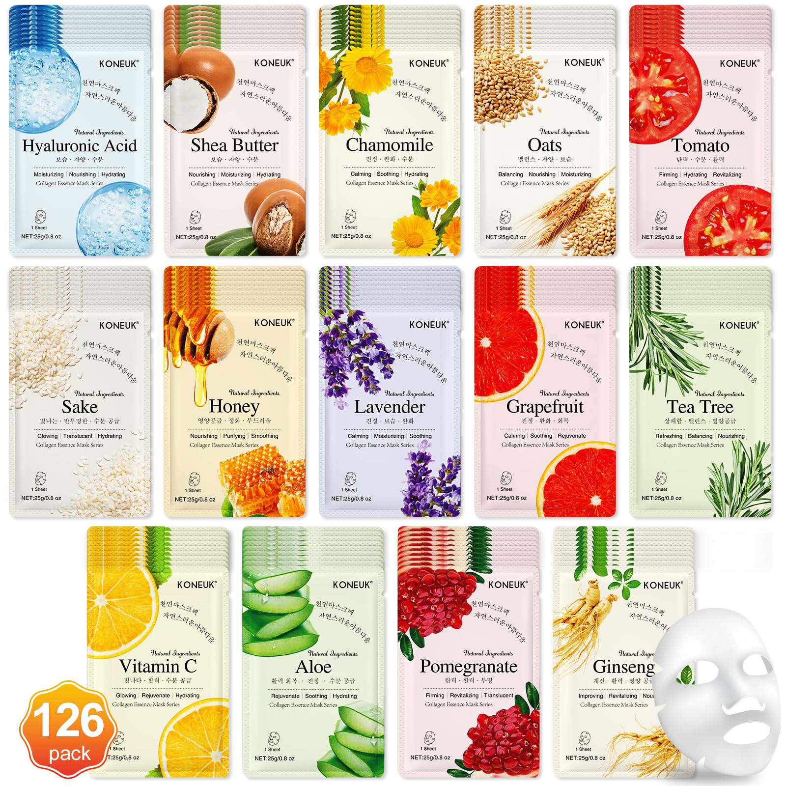 KONEUK 14 Pack Sheet Face Masks Skincare, Hydrating Face Masks Suitable for Dry Skin, Bulk Facial Mask Set for Women Skin Care, Face Mask Gifts Set for Face Spa