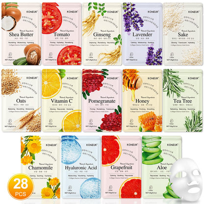 KONEUK 14 Pack Sheet Face Masks Skincare, Hydrating Face Masks Suitable for Dry Skin, Bulk Facial Mask Set for Women Skin Care, Face Mask Gifts Set for Face Spa