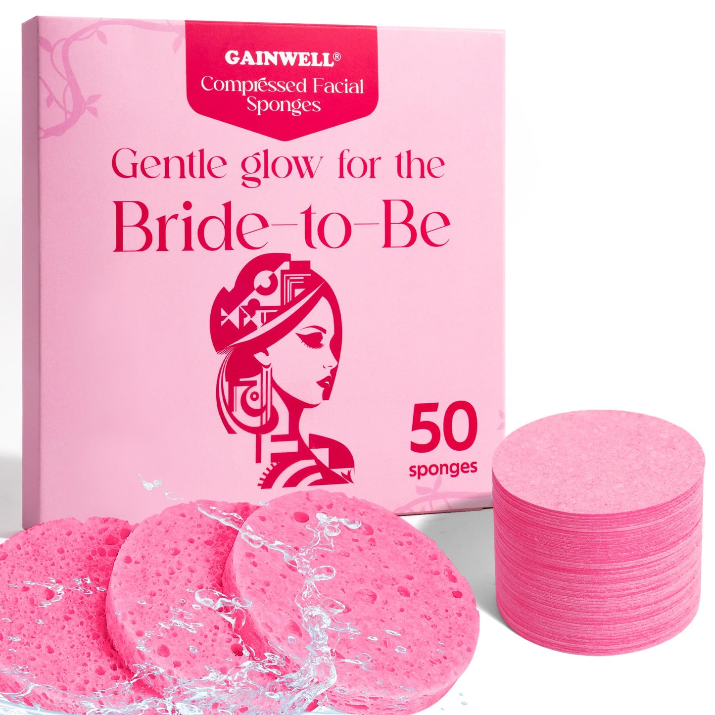 GAINWELL 50-Count Compressed Facial Sponge for Daily Facial Cleansing and Exfoliating, 100％ Natural Cosmetic Spa Sponges for Makeup Remover, Reusable, Pink